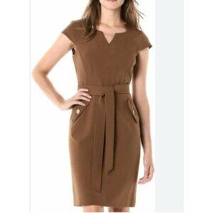 Kasper Dress Brown Gold 12 Short Sleeve Sheath W Belt Career Church NEW
